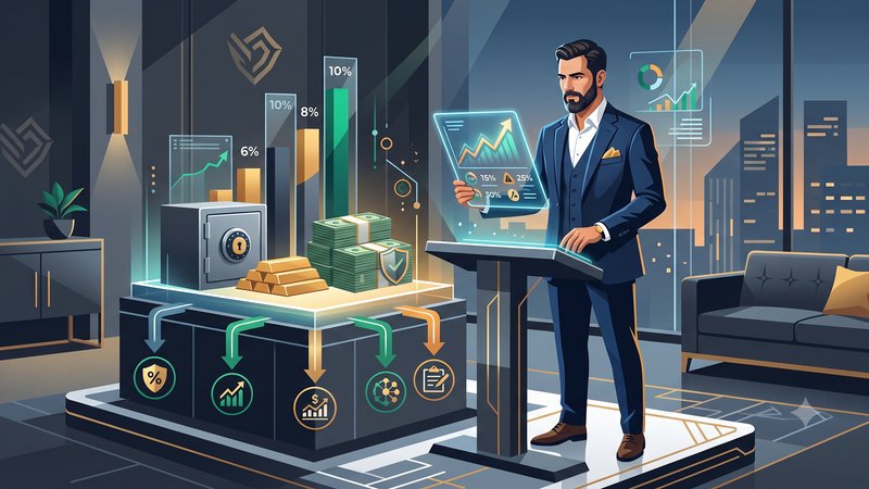 Современная иллюстрация управления банкроллом для хайроллеров с графиками и символами высокого дохода